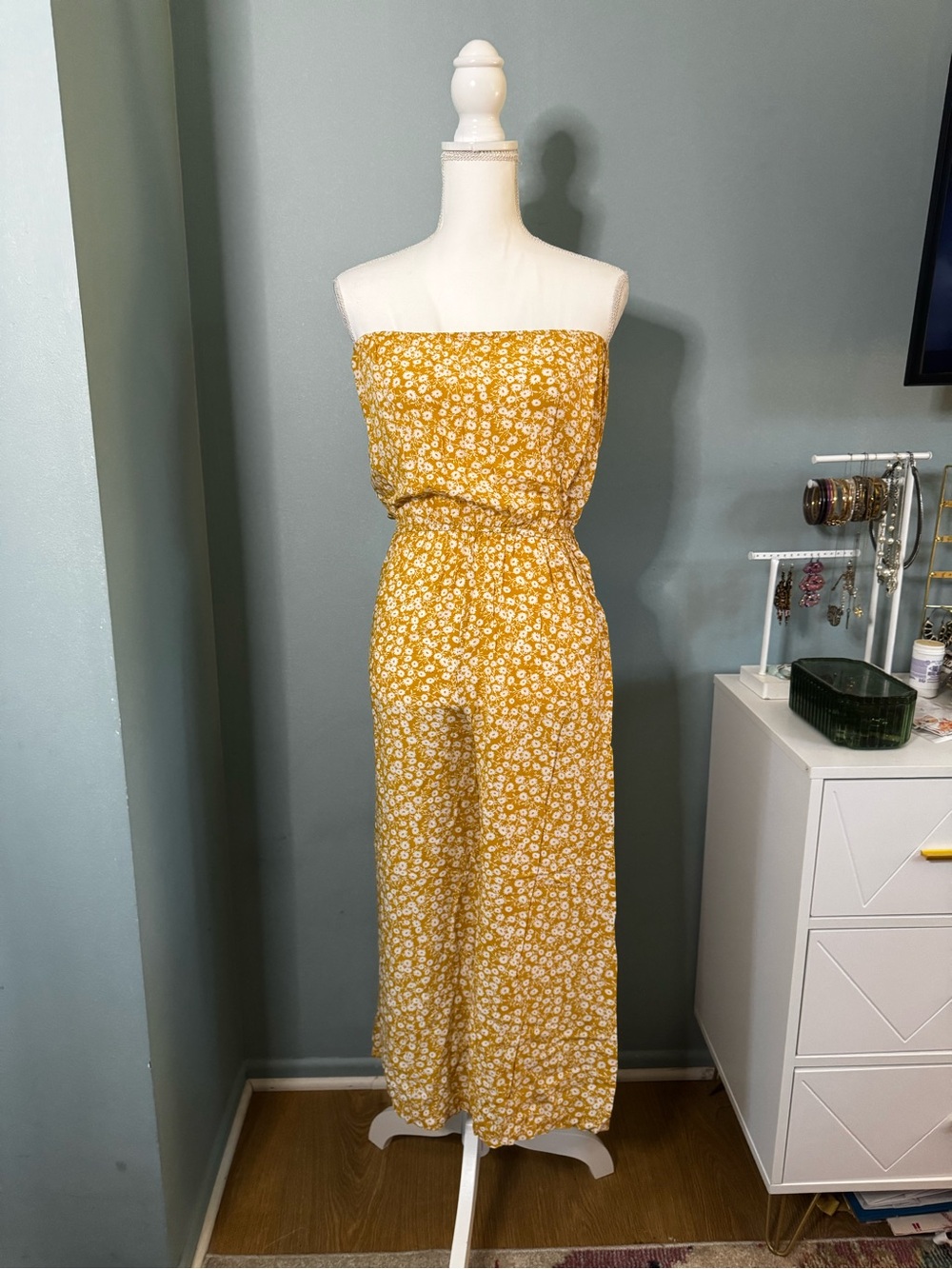 EUC Strapless Yellow Floral Jumpsuit Shein Medium